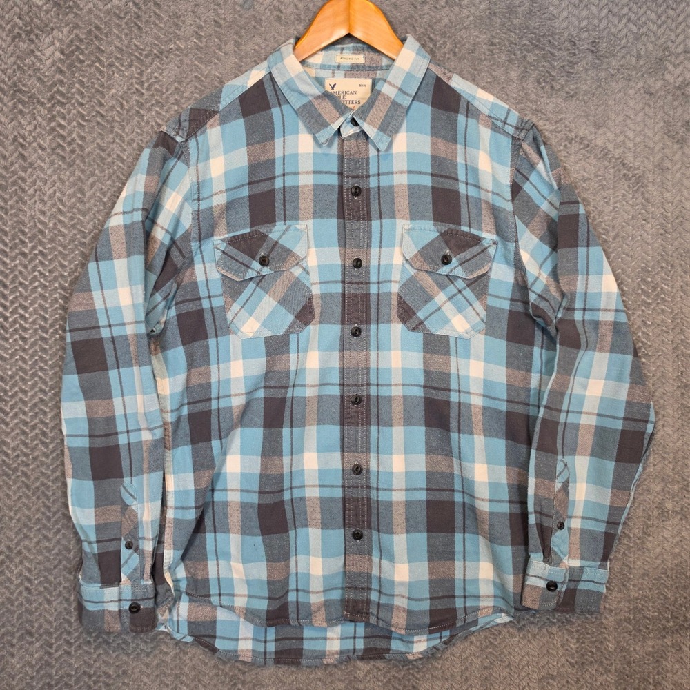 American Eagle Outfitters Mens XXL Athletic Fit Plaid Flannel Shirt Blue Grey